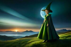 une femme dans une vert robe et chapeau des stands sur une colline surplombant le lune. généré par ai photo