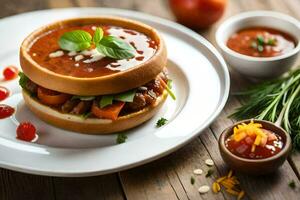 une sandwich avec tomate soupe et des légumes sur une plaque. généré par ai photo