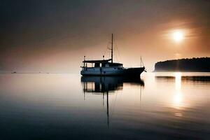 une bateau est flottant dans le l'eau à le coucher du soleil. généré par ai photo