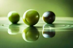 Trois vert Olives sur une vert surface. généré par ai photo