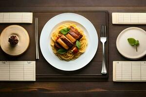 une assiette avec spaghetti et Viande sur il. généré par ai photo