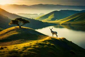 le cerf est permanent sur le bord de une colline surplombant une lac. généré par ai photo