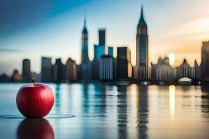 un Pomme est assis sur le l'eau dans de face de une ville ligne d'horizon. généré par ai photo