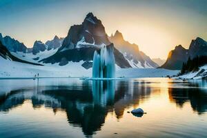 une cascade dans le milieu de une Lac avec montagnes dans le Contexte. généré par ai photo