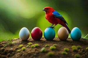 une coloré oiseau est assis sur Haut de une pile de coloré des œufs. généré par ai photo