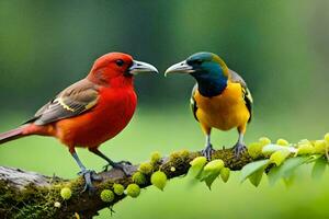 deux coloré des oiseaux séance sur une branche. généré par ai photo