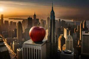 un Pomme est assis sur Haut de une bâtiment dans de face de une paysage urbain. généré par ai photo