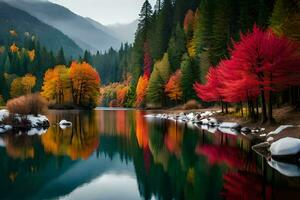 l'automne des arbres sont réfléchi dans le l'eau de une lac. généré par ai photo