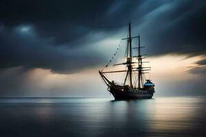 une voile navire dans le océan en dessous de une orageux ciel. généré par ai photo