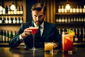 une homme dans une costume en portant une cocktail. généré par ai photo