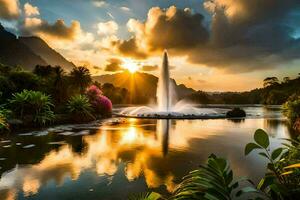 le Soleil monte plus de le l'eau Fontaine dans le milieu de le lac. généré par ai photo