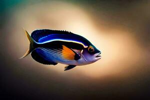 une poisson avec une bleu et Jaune corps est natation. généré par ai photo