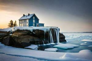 une bleu maison est assis sur Haut de un la glace falaise. généré par ai photo