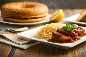 une assiette de nourriture avec Viande, pain et spaghetti. généré par ai photo