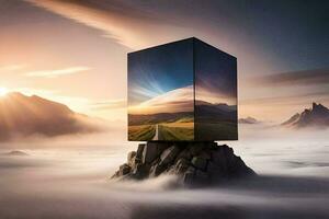 une cube séance sur Haut de une Montagne avec des nuages dans le Contexte. généré par ai photo