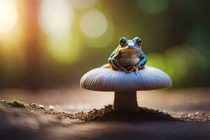 une grenouille séance sur Haut de une champignon. généré par ai photo