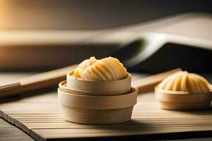 Dumplings dans bambou conteneurs sur une en bois tableau. généré par ai photo