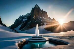 une Fontaine dans le neige avec montagnes dans le Contexte. généré par ai photo