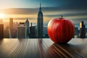 un Pomme est assis sur une table dans de face de une paysage urbain. généré par ai photo