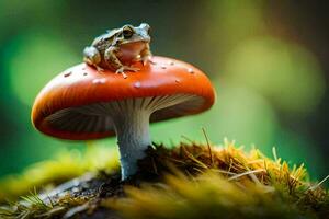 une grenouille est assis sur Haut de une rouge champignon. généré par ai photo