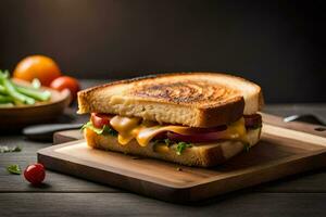 une grillé sandwich avec fromage, tomates et salade sur une Coupe planche. généré par ai photo