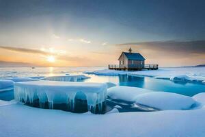 le Soleil monte plus de un la glace couvert Lac et une petit en bois maison. généré par ai photo