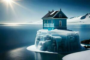 une maison sur un iceberg dans le milieu de le océan. généré par ai photo