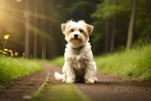 une petit blanc chien séance sur le route dans le les bois. généré par ai photo