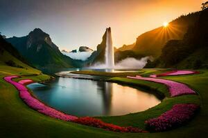 une magnifique paysage avec une Fontaine et fleurs. généré par ai photo