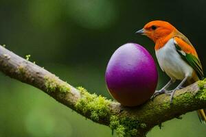 une oiseau est assis sur une branche avec un œuf. généré par ai photo