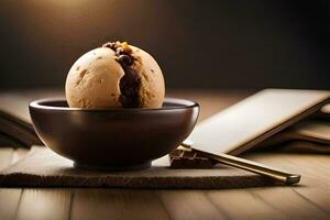 une bol de la glace crème avec Chocolat frites dans il. généré par ai photo