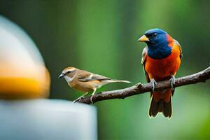 deux coloré des oiseaux séance sur une branche. généré par ai photo