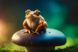 une grenouille séance sur Haut de une champignon. généré par ai photo