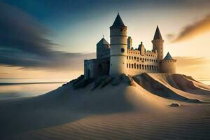 une Château sur le plage à le coucher du soleil. généré par ai photo