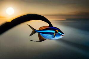 une poisson avec une longue queue est montré dans le le coucher du soleil. généré par ai photo