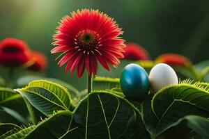 deux bleu et rouge des œufs sur vert feuilles. généré par ai photo