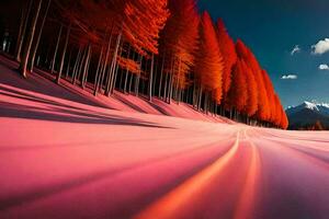 une longue exposition photographier de une neigeux route avec rouge des arbres. généré par ai photo