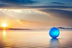 une bleu Balle est assis sur le plage à le coucher du soleil. généré par ai photo