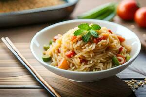 une bol de riz avec des légumes et baguettes. généré par ai photo