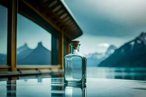 une bouteille de de l'alcool séance sur une table dans de face de une lac. généré par ai photo