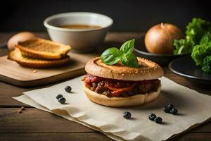 une Hamburger avec tomate sauce et fromage sur une chignon. généré par ai photo