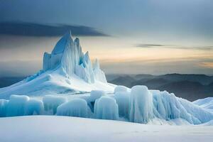 une grand la glace formation sur Haut de une Montagne. généré par ai photo