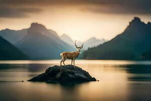 une cerf des stands sur une Roche dans de face de une lac. généré par ai photo