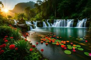 le Soleil monte plus de le cascade dans le jungle. généré par ai photo