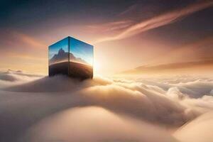 une cube flottant dans le des nuages avec une Montagne dans le Contexte. généré par ai photo