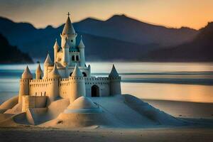 une Château fabriqué en dehors de le sable sur le plage. généré par ai photo