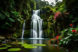 magnifique cascade dans tropical forêt tropicale. généré par ai photo