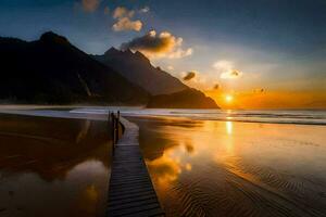 une en bois promenade pistes à le océan à le coucher du soleil. généré par ai photo