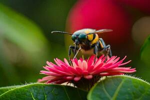 une abeille sur une fleur avec vert feuilles. généré par ai photo