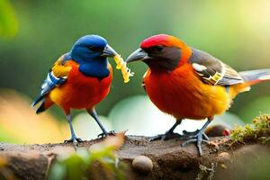 deux coloré des oiseaux sont permanent sur une branche. généré par ai photo